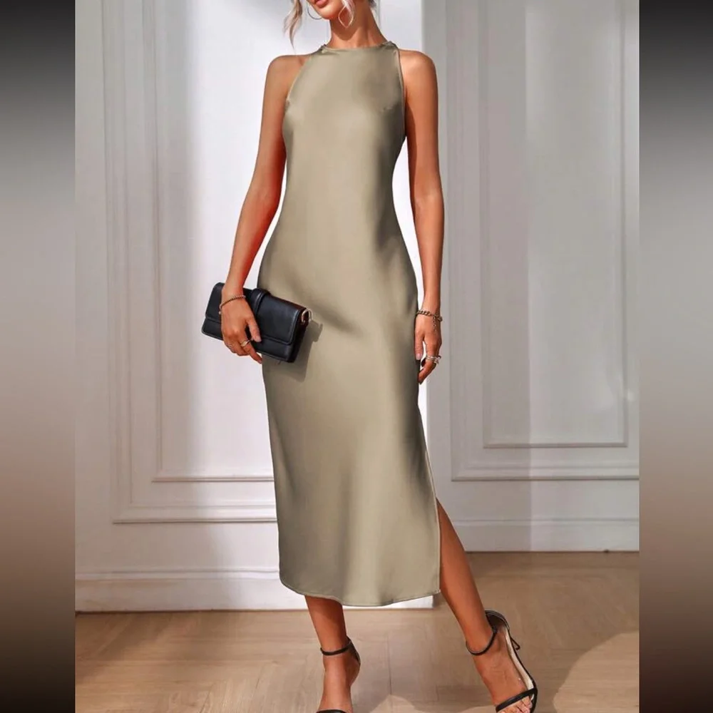 Elegant Pink Sleeveless Satin Dress